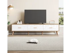 Clearance Móvel baixo para TV, 150 × 35 × 39 cm, estilo vintage, madeira clara, portas brancas, para sala de estar ou quarto. Natural claro