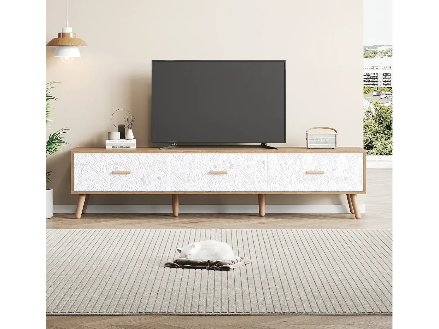 Clearance Móvel baixo para TV, 150 × 35 × 39 cm, estilo vintage, madeira clara, portas brancas, para sala de estar ou quarto. Natural claro