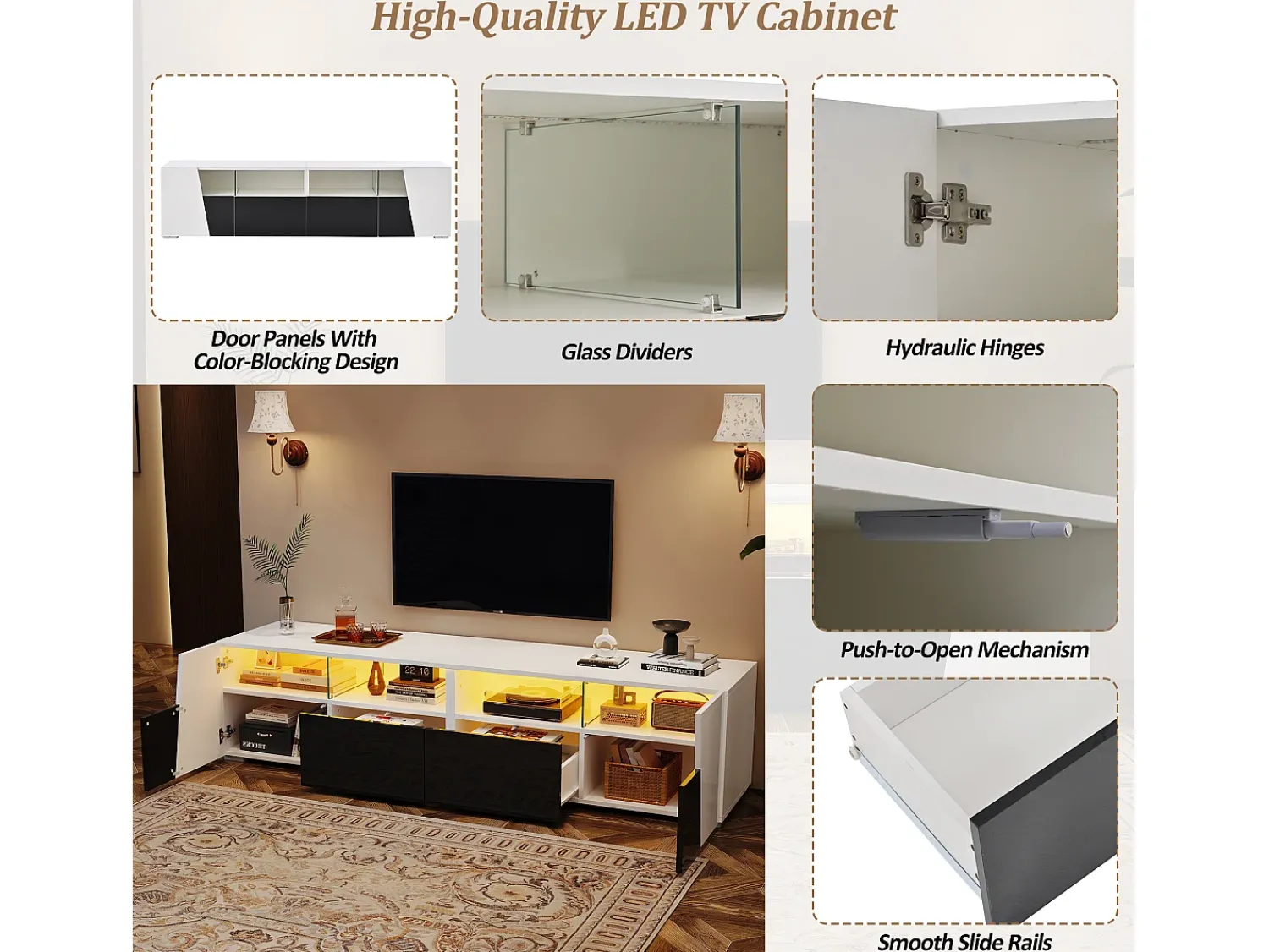 Móvel De Tv* Móvel baixo para TV, 180 × 38,5 × 45 cm, laqueado em /preto, iluminação LED, 2 portas, 2 gavetas, prateleiras abertas, sala de estar Branco