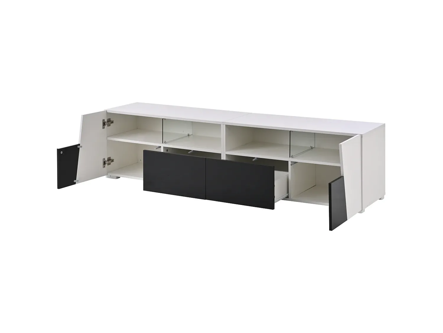 Móvel De Tv* Móvel baixo para TV, 180 × 38,5 × 45 cm, laqueado em /preto, iluminação LED, 2 portas, 2 gavetas, prateleiras abertas, sala de estar Branco