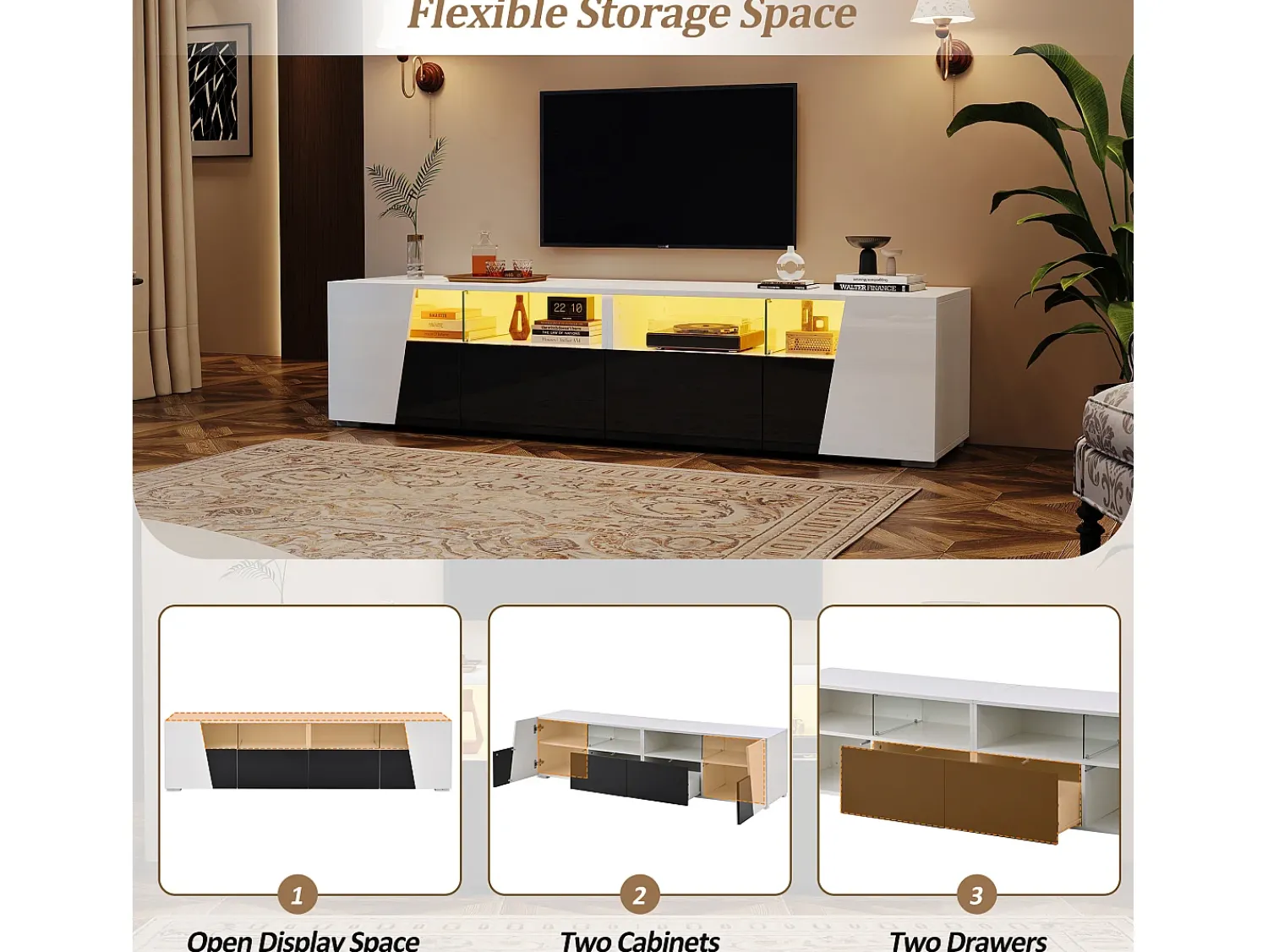 Móvel De Tv* Móvel baixo para TV, 180 × 38,5 × 45 cm, laqueado em /preto, iluminação LED, 2 portas, 2 gavetas, prateleiras abertas, sala de estar Branco