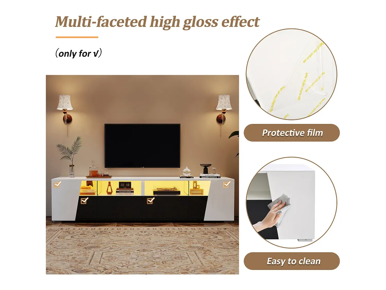 Móvel De Tv* Móvel baixo para TV, 180 × 38,5 × 45 cm, laqueado em /preto, iluminação LED, 2 portas, 2 gavetas, prateleiras abertas, sala de estar Branco