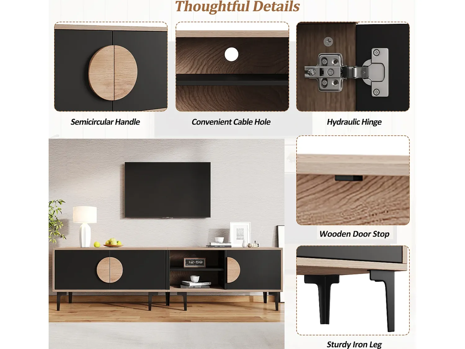 Móvel De Tv| Móvel baixo para TV, 180×35×49 cm, madeira/, com 2 armários e nichos abertos, para TVs de até 80". Preto
