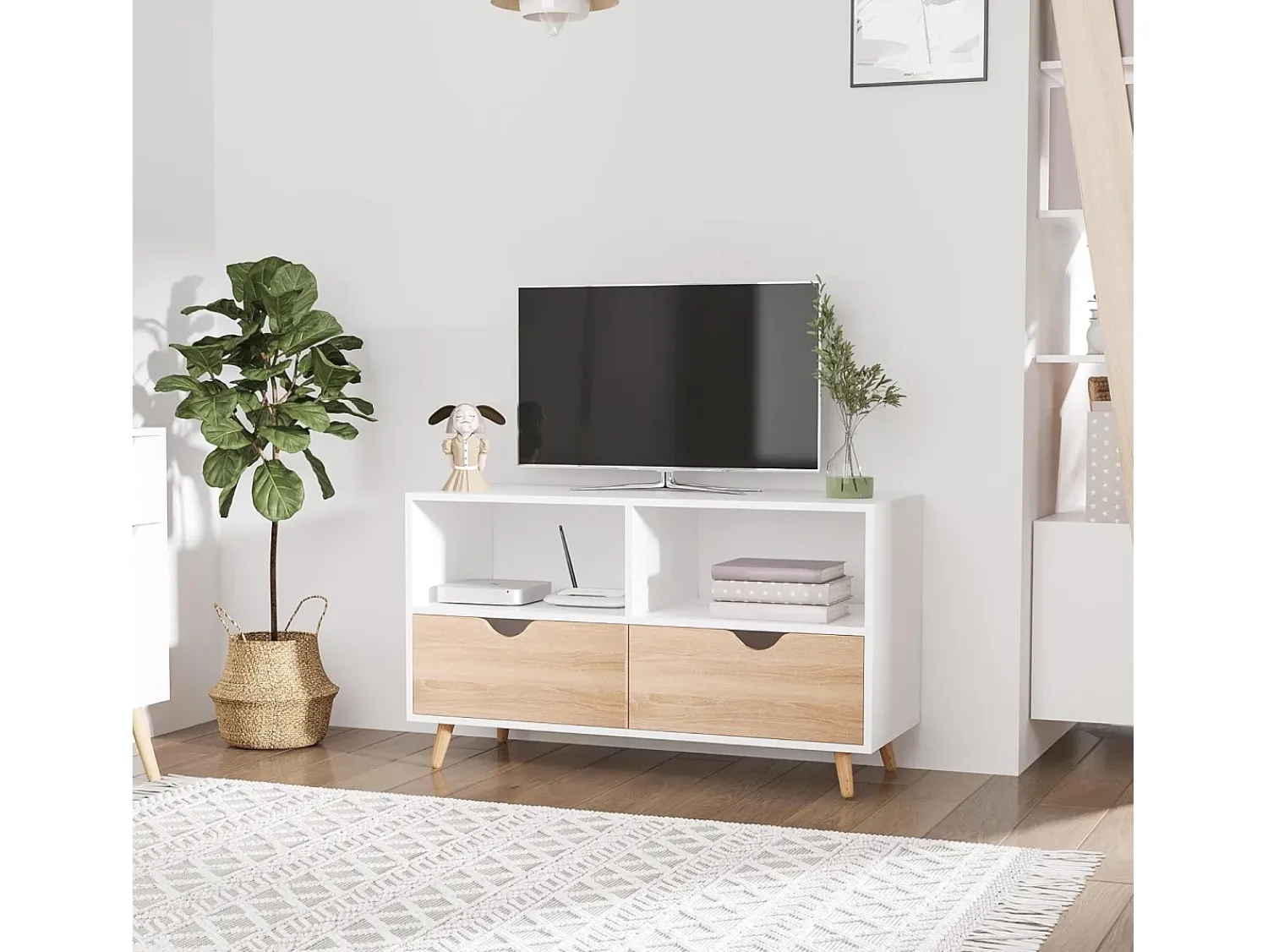 Móvel De Tv* Móvel baixo para TV com 2 prateleiras, gaveta, 99 cm de comprimento, mesa para televisão, para sala de estar, Branco