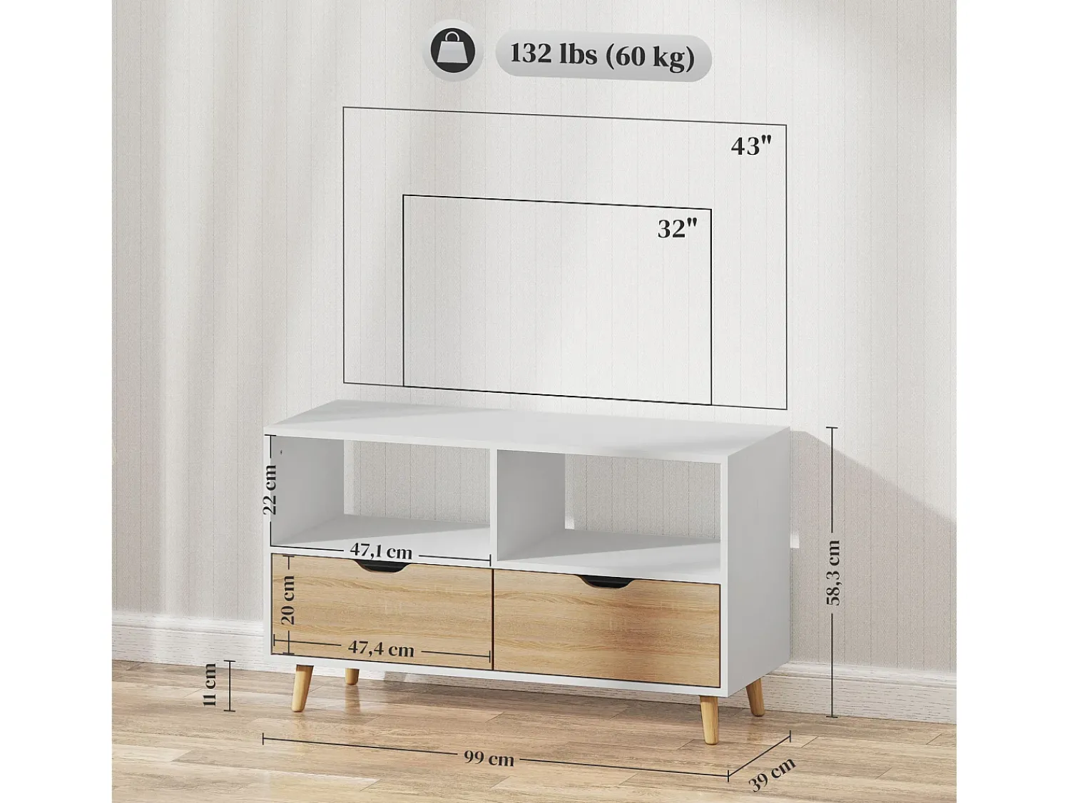 Móvel De Tv* Móvel baixo para TV com 2 prateleiras, gaveta, 99 cm de comprimento, mesa para televisão, para sala de estar, Branco