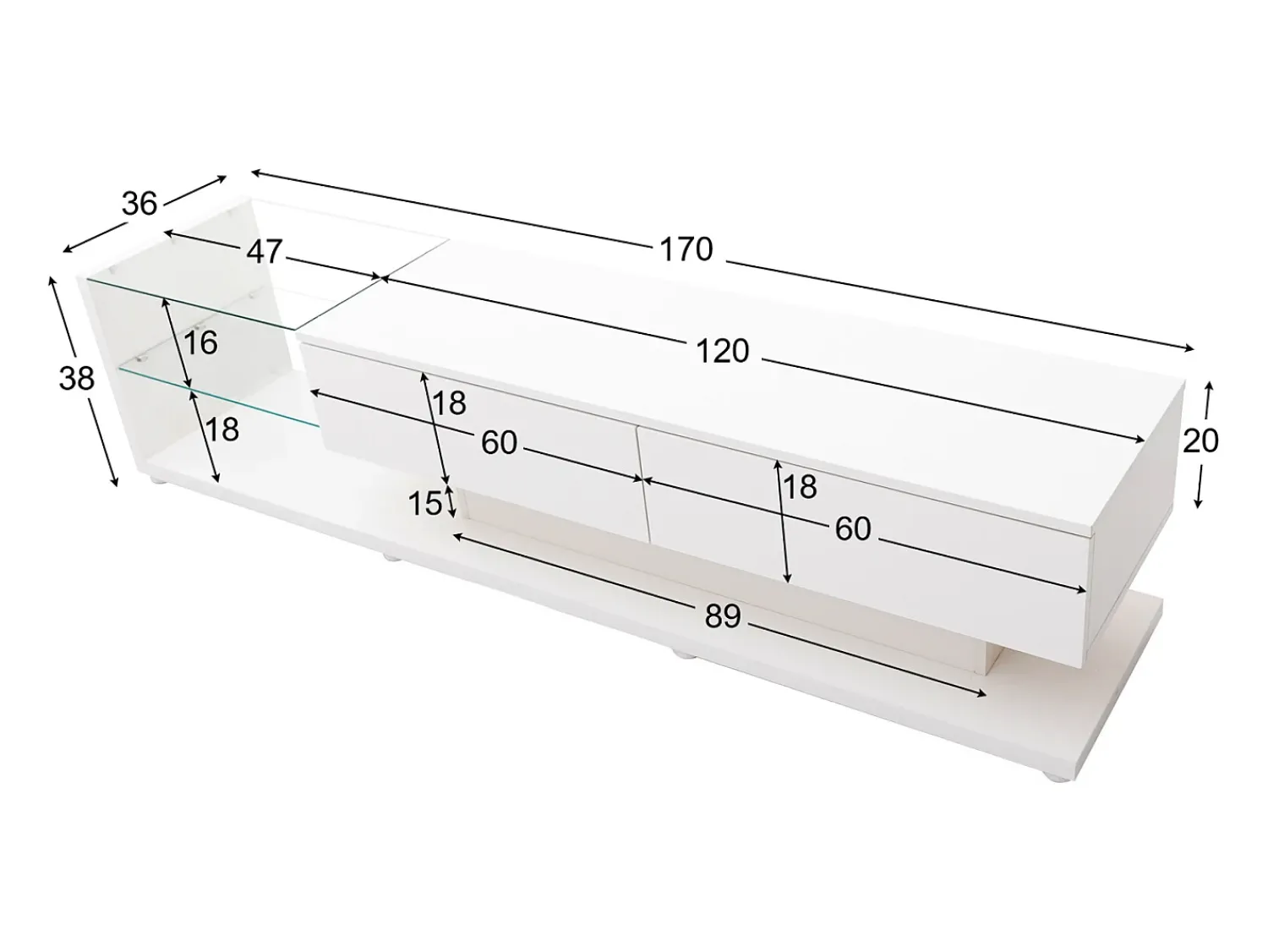 New Móvel baixo para TV com iluminação LED, tampo de vidro e 2 gavetas grandes, ideal para sala de estar ou sala de jantar, . Branco