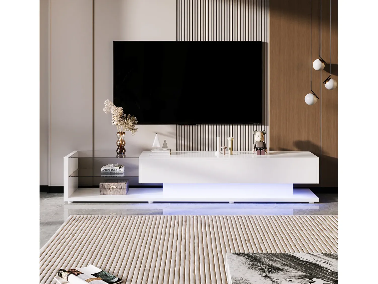 New Móvel baixo para TV com iluminação LED, tampo de vidro e 2 gavetas grandes, ideal para sala de estar ou sala de jantar, . Branco