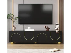 Móvel baixo para TV com portas texturizadas, gavetas e prateleiras abertas, puxadores e pés dourados,^ Móvel De Tv