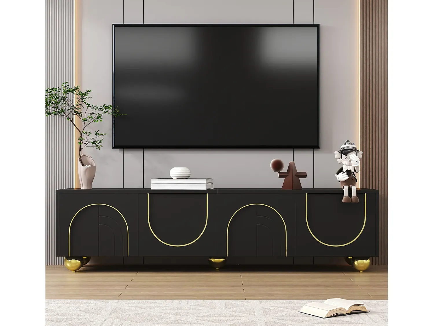 Móvel baixo para TV com portas texturizadas, gavetas e prateleiras abertas, puxadores e pés dourados,^ Móvel De Tv