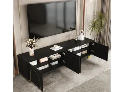 Móvel baixo para TV com portas texturizadas, gavetas e prateleiras abertas, puxadores e pés dourados,^ Móvel De Tv