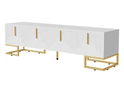 Móvel De Tv| Móvel baixo para TV com porta texturizada, puxadores e pés dourados, para sala de estar, 170x40x45 cm, Branco