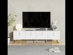 Móvel De Tv| Móvel baixo para TV com porta texturizada, puxadores e pés dourados, para sala de estar, 170x40x45 cm, Branco