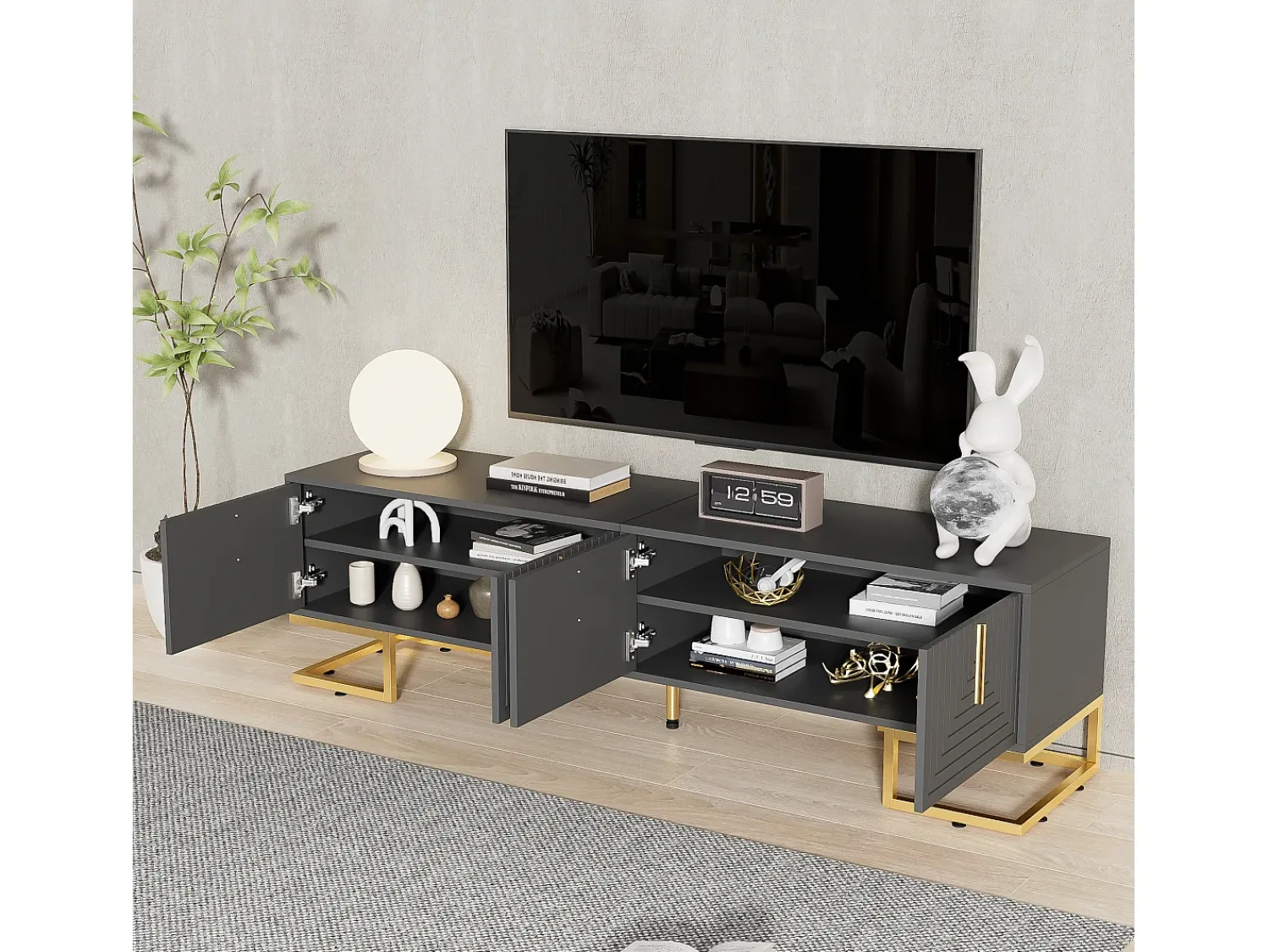 Móvel baixo para TV com porta texturizada, puxadores e pés dourados, para sala de estar, 170x40x45 cm, cinza^ Móvel De Tv