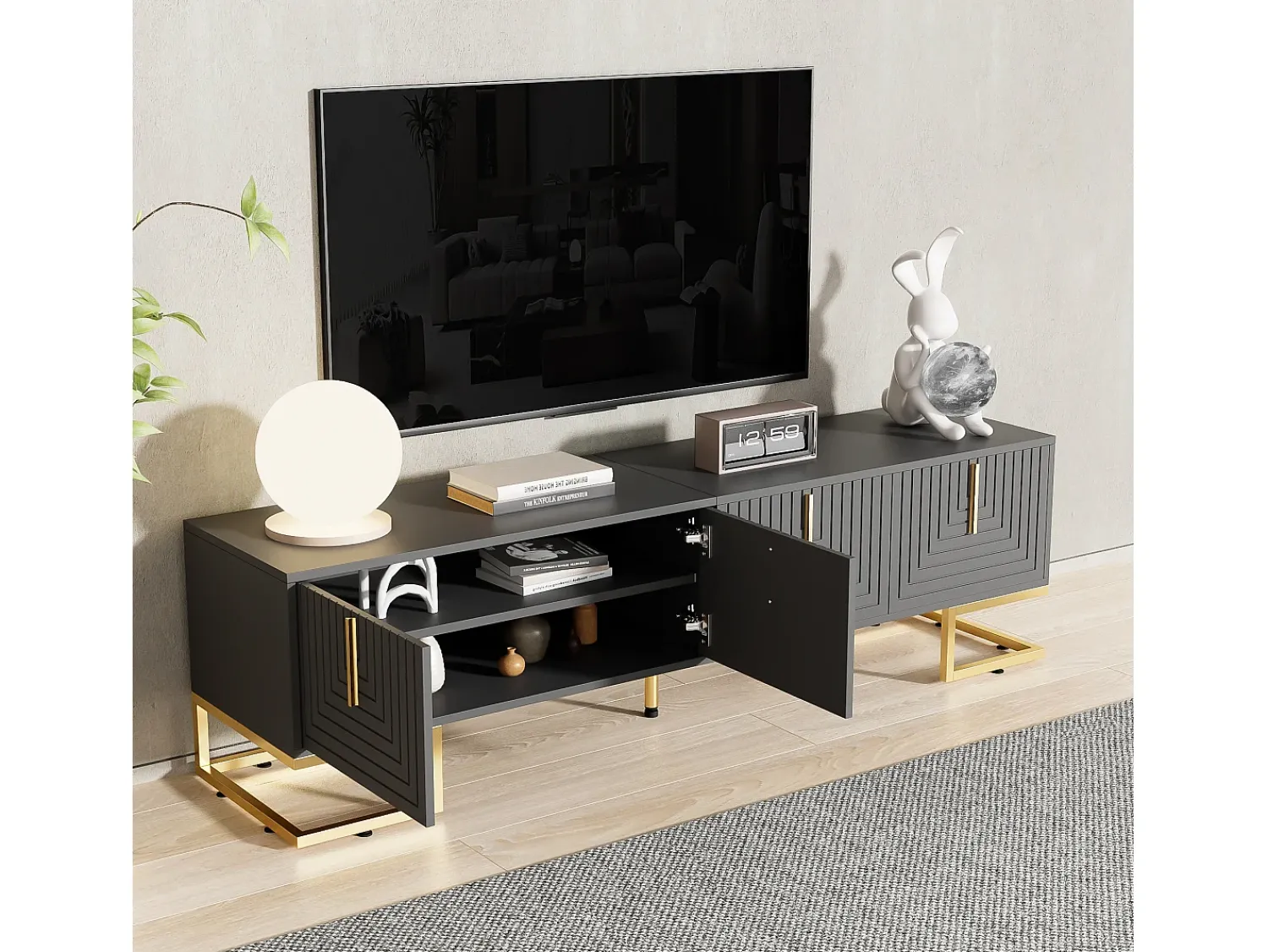 Móvel baixo para TV com porta texturizada, puxadores e pés dourados, para sala de estar, 170x40x45 cm, cinza^ Móvel De Tv