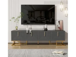 Móvel baixo para TV com porta texturizada, puxadores e pés dourados, para sala de estar, 170x40x45 cm, cinza^ Móvel De Tv