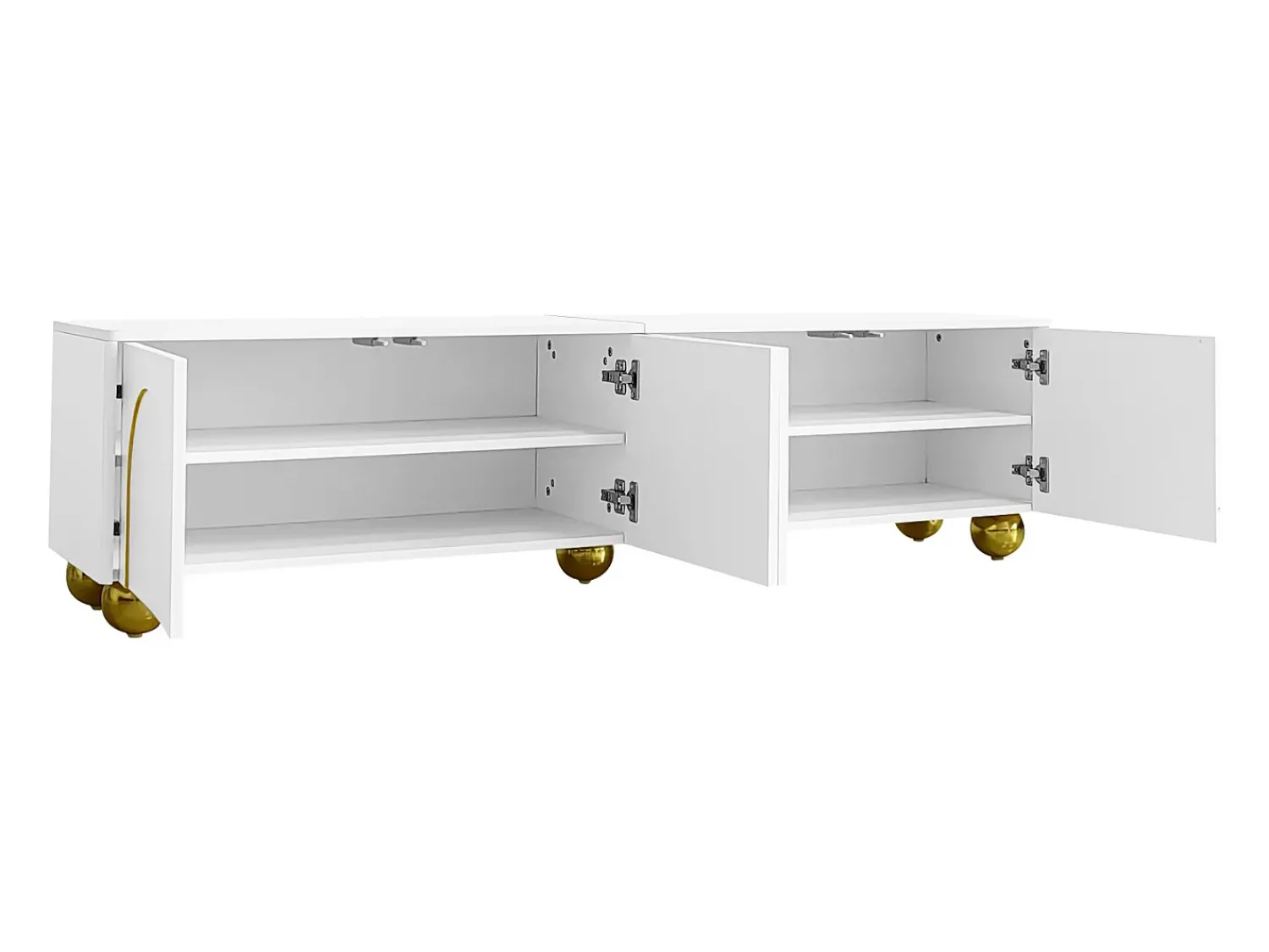 Móvel baixo para TV com portas texturizadas, gavetas e prateleiras abertas, puxadores e pés dourados, .^ Móvel De Tv