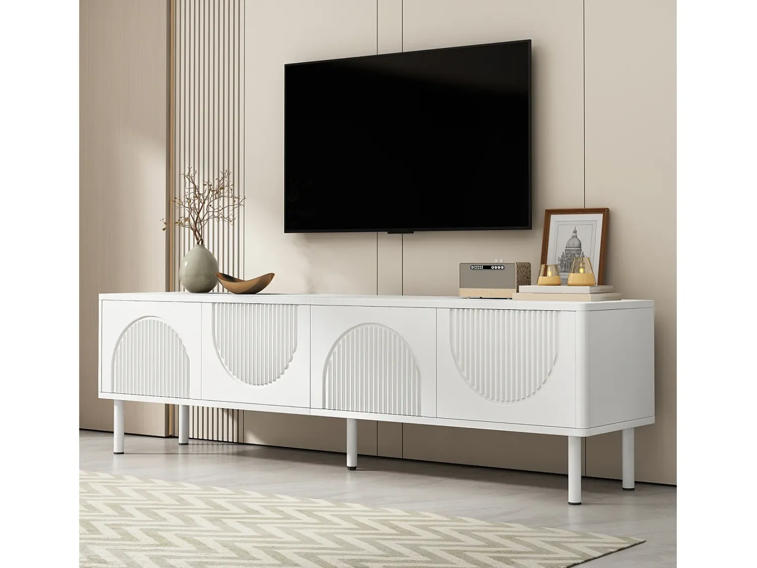Móvel baixo para TV de 180 cm, acabamento fosco com passagem de cabos. Design minimalista para sala de estar, quarto ou corredor.^ Móvel De Tv