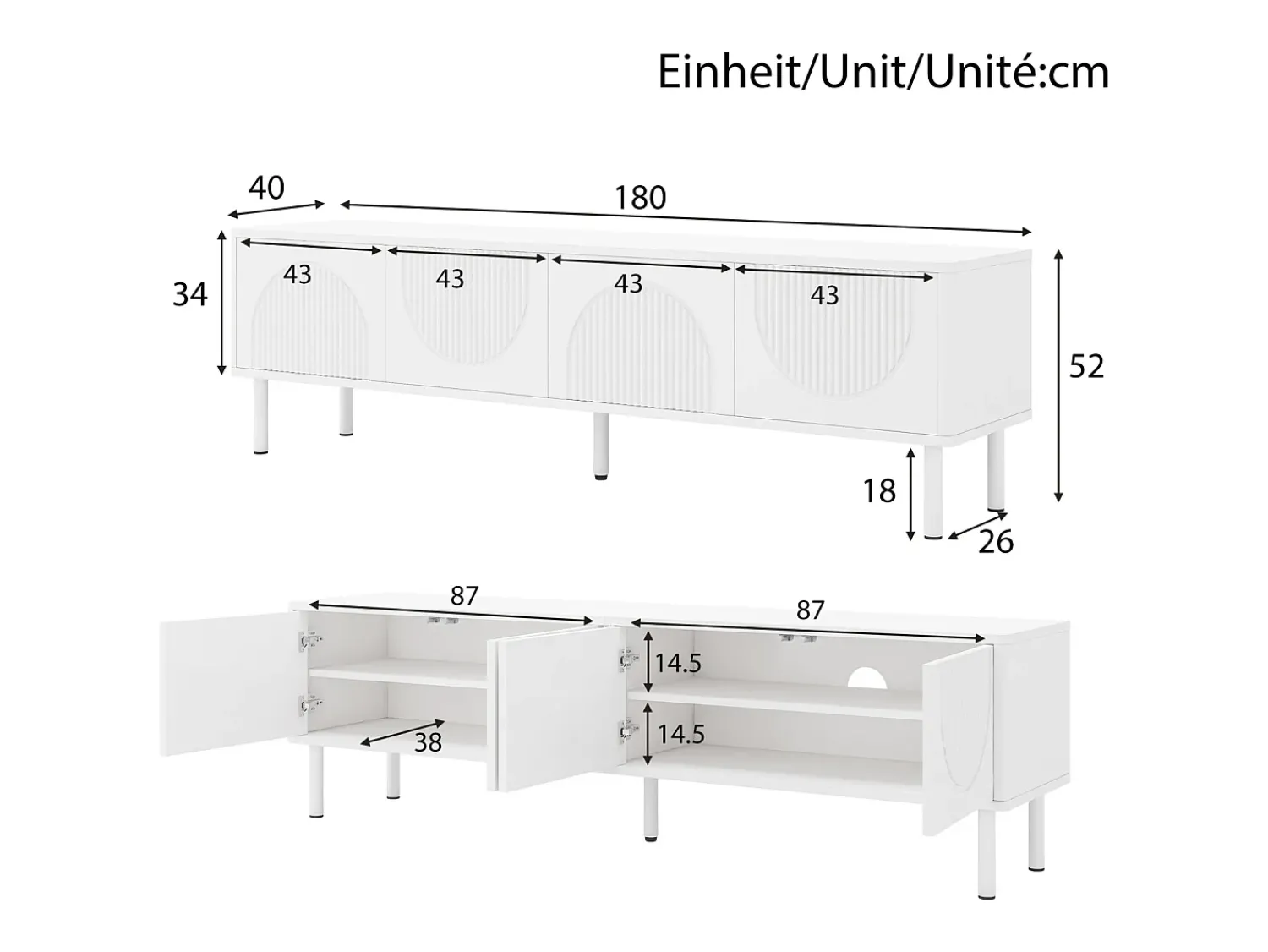 Móvel baixo para TV de 180 cm, acabamento fosco com passagem de cabos. Design minimalista para sala de estar, quarto ou corredor.^ Móvel De Tv