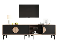 Sale Merax Móvel baixo para TV para sala de estar - 180 x 35 x 49 cm - com 3 portas + prateleiras abertas - para TV de 80 polegadas - aglomerado - Preto