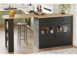 Merax Móvel bar extensível - 138-204 x 39 x 104 cm - Mesa de jantar giratória 360° - com 2 portas + 2 gavetas - MDF -^ Móvel De Bar
