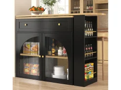 Merax Móvel bar extensível - 138-204 x 39 x 104 cm - Mesa de jantar giratória 360° - com 2 portas + 2 gavetas - MDF -^ Móvel De Bar