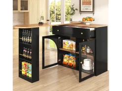 Merax Móvel bar extensível - 138-204 x 39 x 104 cm - Mesa de jantar giratória 360° - com 2 portas + 2 gavetas - MDF -^ Móvel De Bar