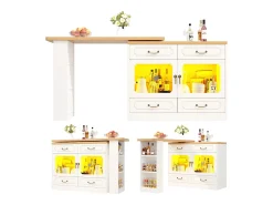 Clearance Merax Móvel bar extensível - 135/203 x 39 x 92,8 cm - mesa giratória com LEDs + 4 gavetas - MDF - Branco