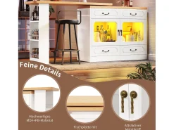 Clearance Merax Móvel bar extensível - 135/203 x 39 x 92,8 cm - mesa giratória com LEDs + 4 gavetas - MDF - Branco