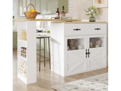Online Merax Móvel bar extensível - 138-204 x 39 x 104 cm - Mesa de jantar giratória 360° - com 2 portas + 1 gaveta - MDF - Branco