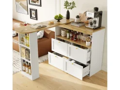 Móvel De Bar|Merax Móvel bar giratório 360° - 204 x 39 x 104 cm - com 4 gavetas + prateleiras abertas - MDF - Branco