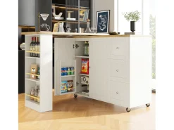 Discount Merax Móvel bar giratório - 2 portas, 2 gavetas e prateleiras de arrumação - 138/209 x 39 x 104 cm - Madeira MDF e vidro - + natural Branco
