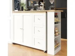 Discount Merax Móvel bar giratório - 2 portas, 2 gavetas e prateleiras de arrumação - 138/209 x 39 x 104 cm - Madeira MDF e vidro - + natural Branco