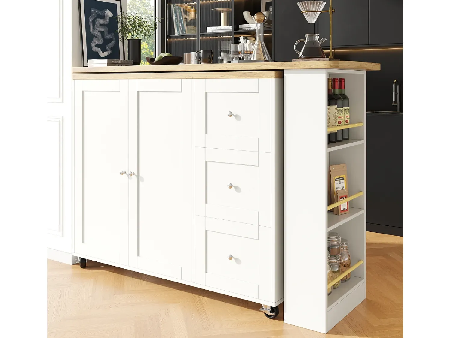 Discount Merax Móvel bar giratório - 2 portas, 2 gavetas e prateleiras de arrumação - 138/209 x 39 x 104 cm - Madeira MDF e vidro - + natural Branco