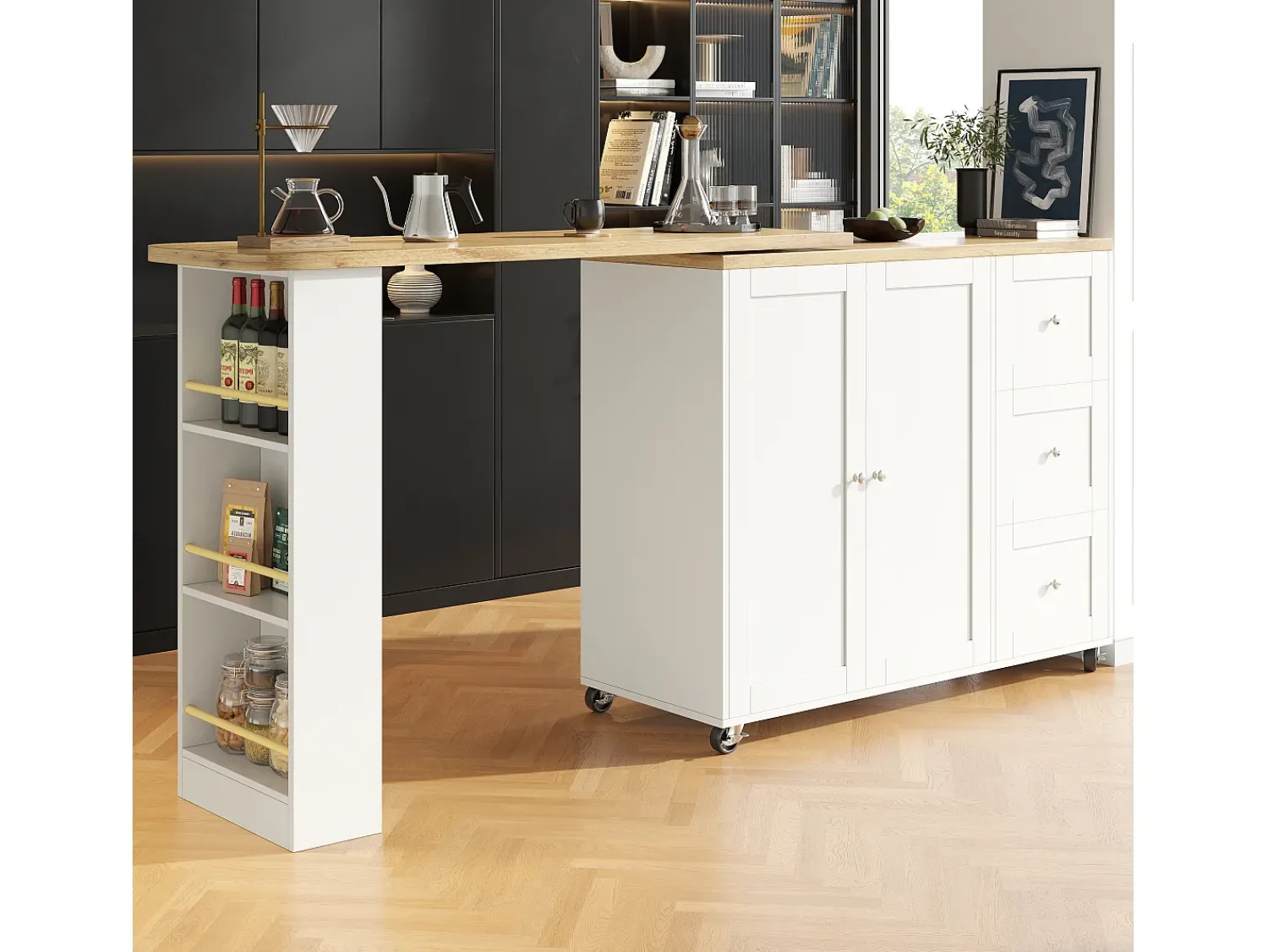 Discount Merax Móvel bar giratório - 2 portas, 2 gavetas e prateleiras de arrumação - 138/209 x 39 x 104 cm - Madeira MDF e vidro - + natural Branco