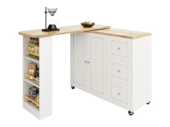Discount Merax Móvel bar giratório - 2 portas, 2 gavetas e prateleiras de arrumação - 138/209 x 39 x 104 cm - Madeira MDF e vidro - + natural Branco