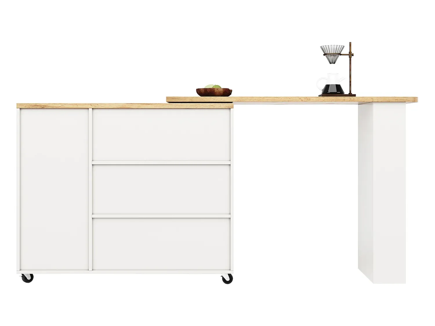Discount Merax Móvel bar giratório - 2 portas, 2 gavetas e prateleiras de arrumação - 138/209 x 39 x 104 cm - Madeira MDF e vidro - + natural Branco