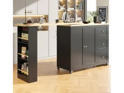 Online Merax Móvel bar giratório - 2 portas, 2 gavetas e prateleiras de arrumação - 138/209 x 39 x 104 cm - Madeira MDF e vidro - + natural Preto