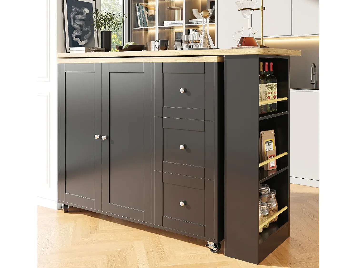 Online Merax Móvel bar giratório - 2 portas, 2 gavetas e prateleiras de arrumação - 138/209 x 39 x 104 cm - Madeira MDF e vidro - + natural Preto