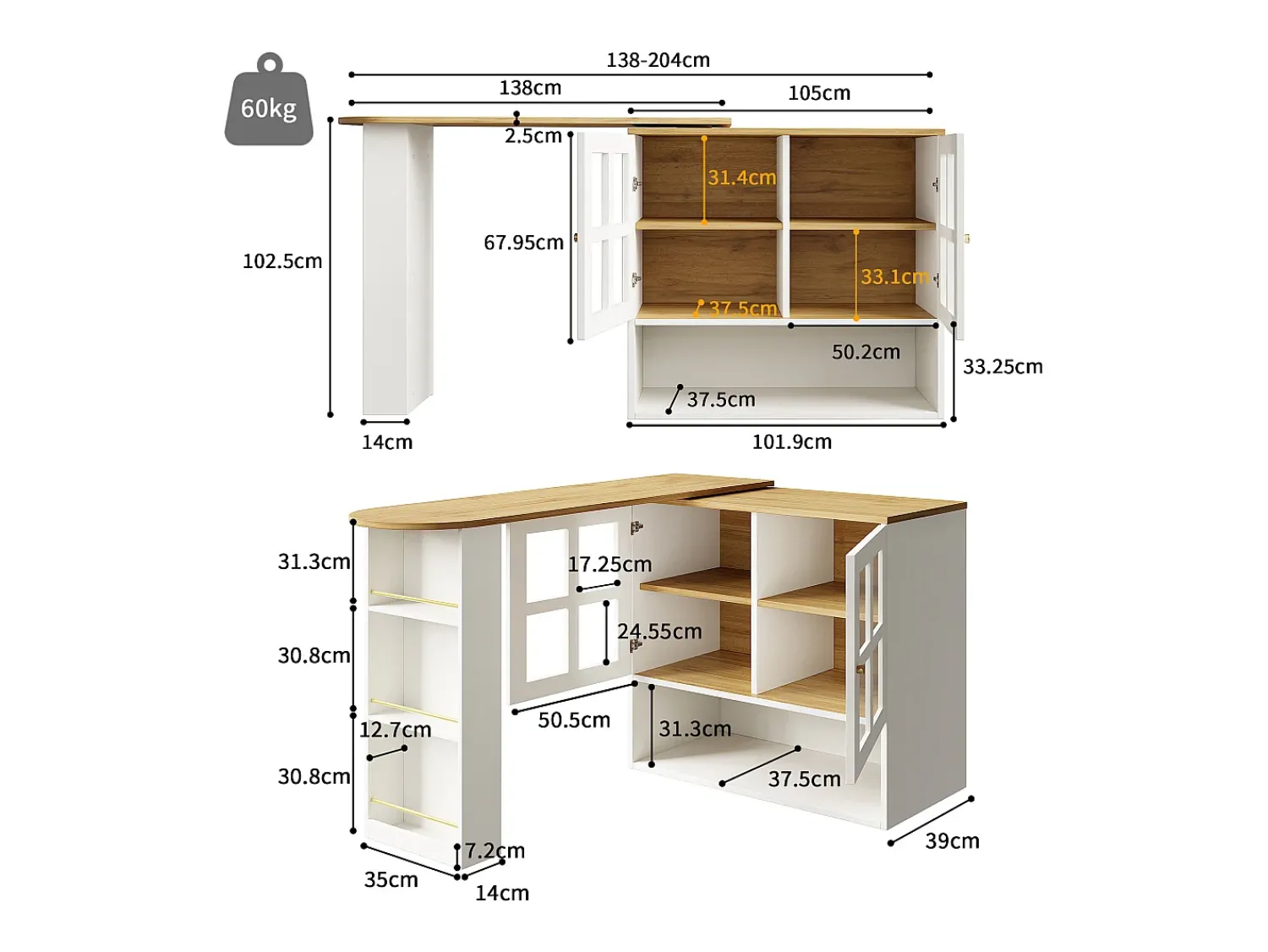 Móvel De Bar*Merax Móvel bar giratório - 204 x 39 x 102,5 cm - com 4 compartimentos de arrumação + 2 portas - MDF - Branco