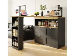 Online Hauss Spole Móvel bar giratório com 4 gavetas e 1 nicho, corpo com tampo em folheado de madeira - 138x39x104cm Preto