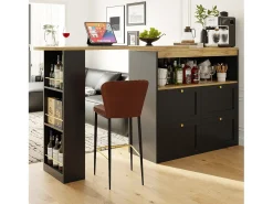 Online Hauss Spole Móvel bar giratório com 4 gavetas e 1 nicho, corpo com tampo em folheado de madeira - 138x39x104cm Preto