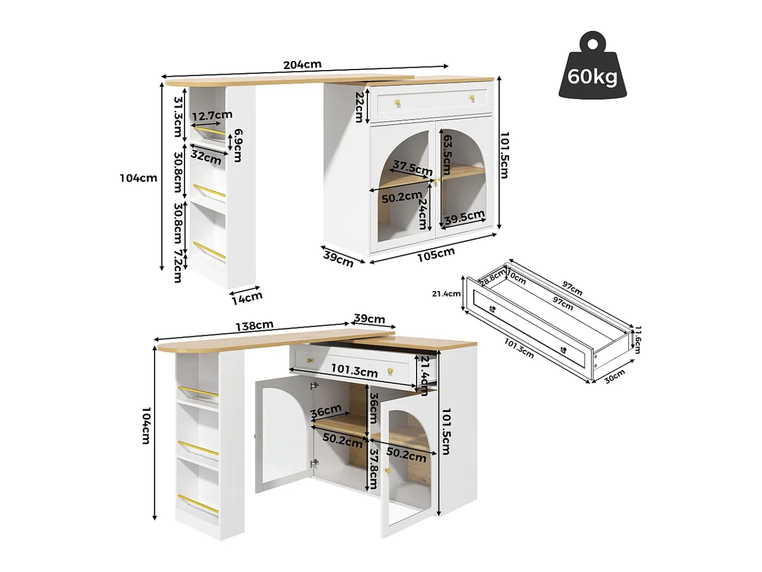 Hot Hauss Spole Móvel bar giratório com 1 gaveta larga e 2 portas de vidro, corpo , prateleiras incluídas - 204x39x104cm Branco