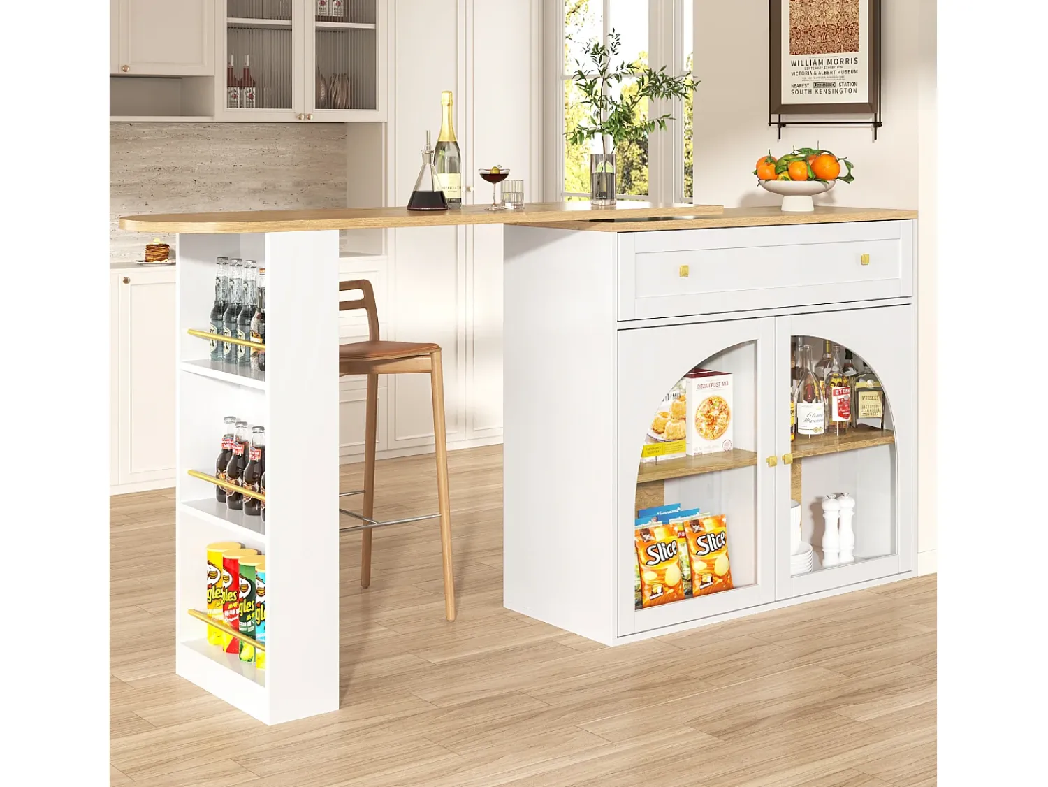 Hot Hauss Spole Móvel bar giratório com 1 gaveta larga e 2 portas de vidro, corpo , prateleiras incluídas - 204x39x104cm Branco