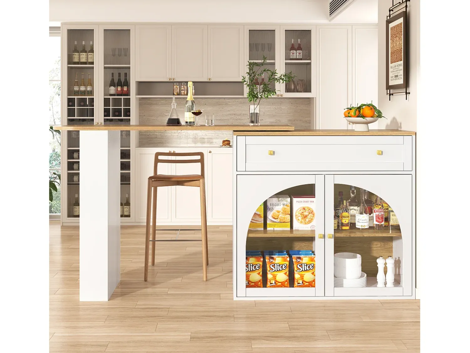 Hot Hauss Spole Móvel bar giratório com 1 gaveta larga e 2 portas de vidro, corpo , prateleiras incluídas - 204x39x104cm Branco
