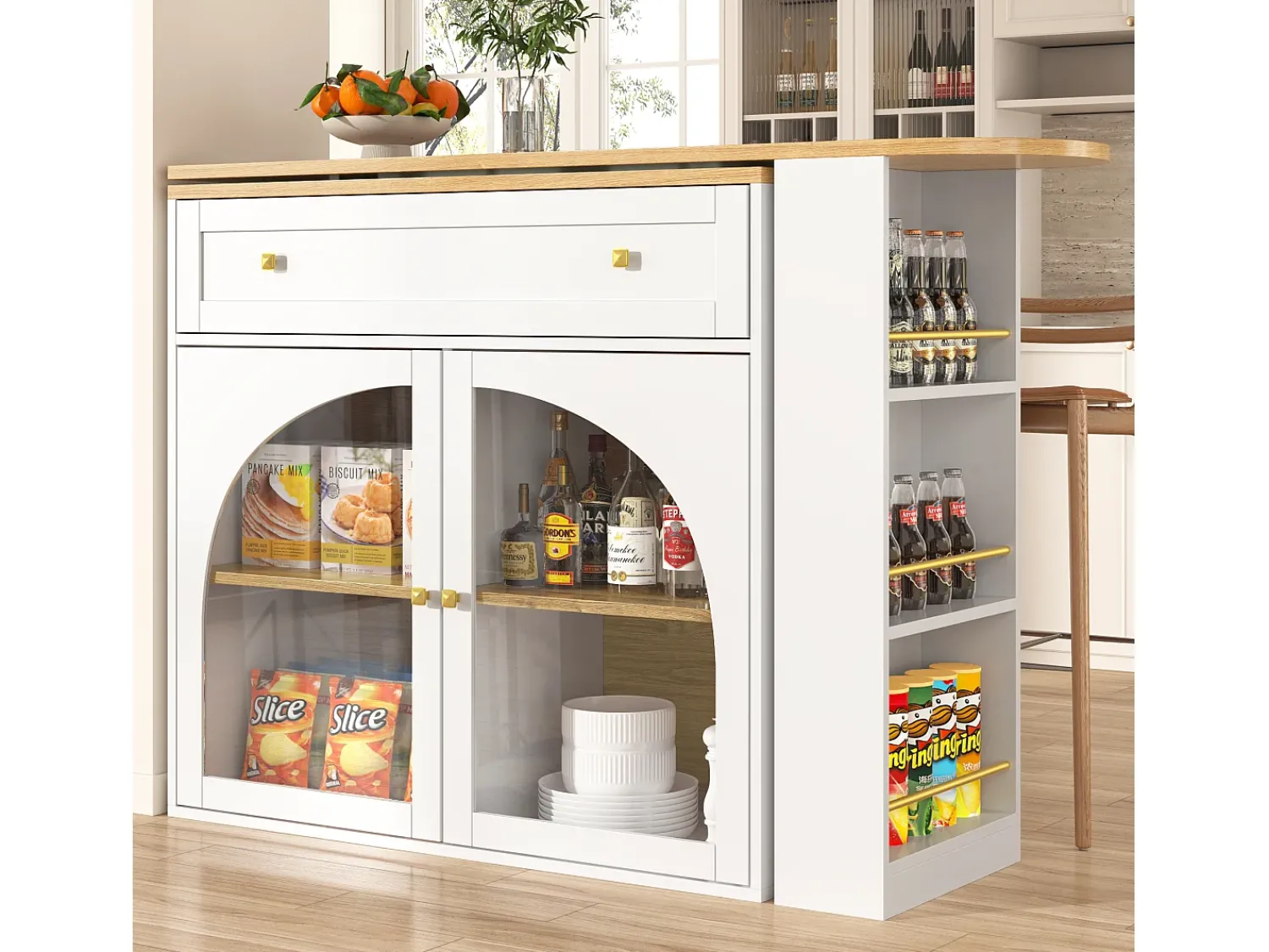 Hot Hauss Spole Móvel bar giratório com 1 gaveta larga e 2 portas de vidro, corpo , prateleiras incluídas - 204x39x104cm Branco