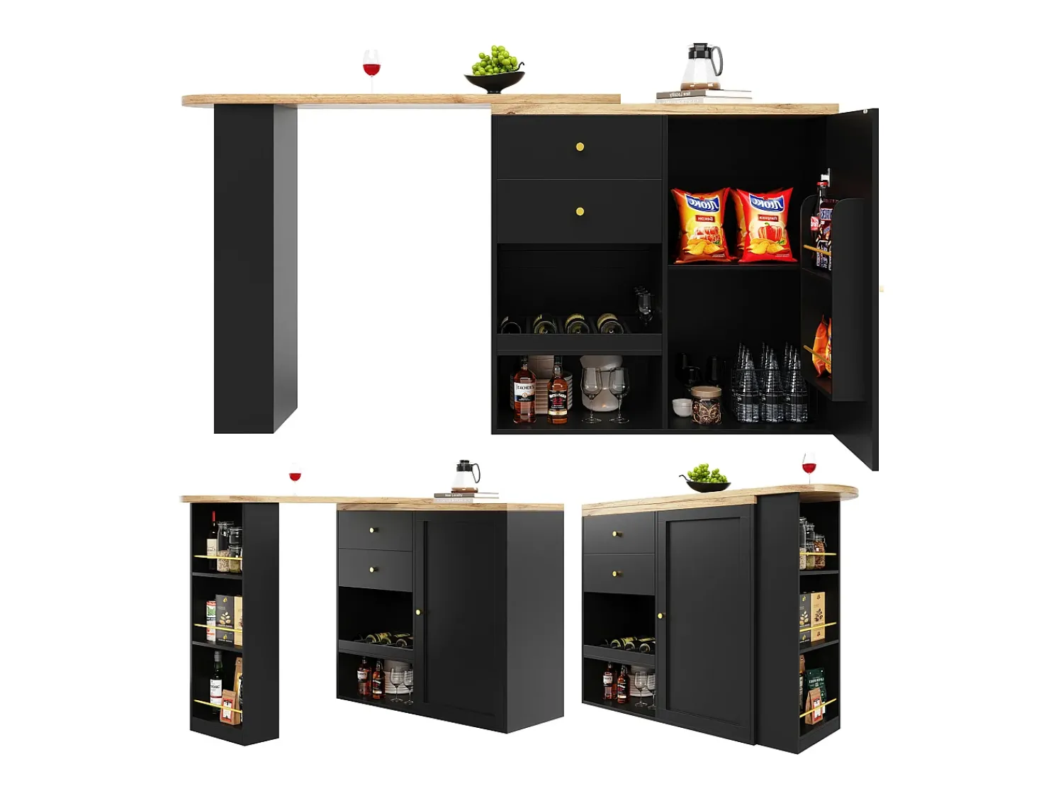 Móvel De Bar|Hauss Spole Móvel bar giratório com 2 gavetas, 1 porta e 2 nichos, corpo com tampo em folheado de madeira - 138x39x104cm Preto