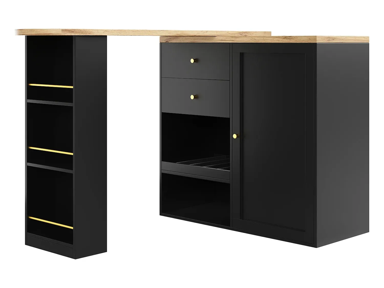 Móvel De Bar|Hauss Spole Móvel bar giratório com 2 gavetas, 1 porta e 2 nichos, corpo com tampo em folheado de madeira - 138x39x104cm Preto