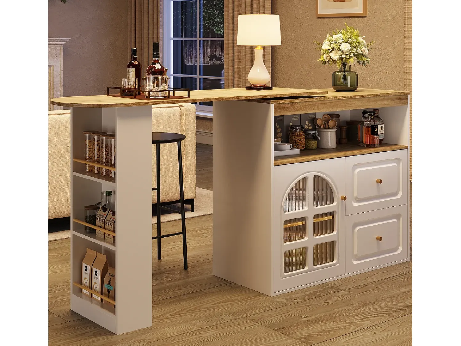 Móvel De Bar*Hauss Spole Móvel bar giratório com 1 porta de vidro, 1 nicho e 2 gavetas, corpo , prateleiras incluídas - 204x39x104cm Branco