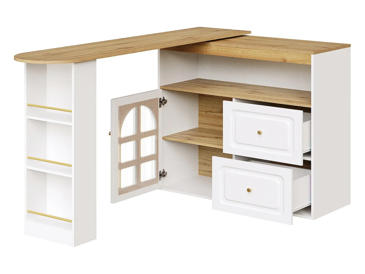 Móvel De Bar*Hauss Spole Móvel bar giratório com 1 porta de vidro, 1 nicho e 2 gavetas, corpo , prateleiras incluídas - 204x39x104cm Branco