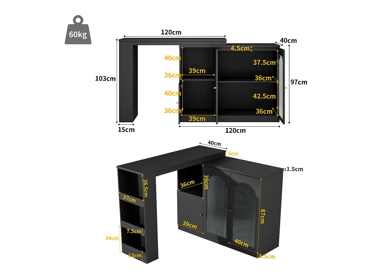 Móvel De Bar|Hauss Spole Móvel bar giratório com 3 portas, incluindo 2 portas de vidro, prateleiras abertas incluídas, corpo - 120x40x103cm Preto